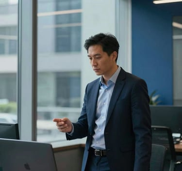 A professional business consultant working in a sleek North American office with a large glass window. The atmosphere is professional and innovative with dark navy and deep blue accents.