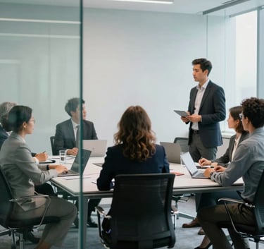 A diverse group of professionals collaborating in a minimalist, high-tech meeting room with teal glass partitions, professional and clean aesthetic, Global / International.