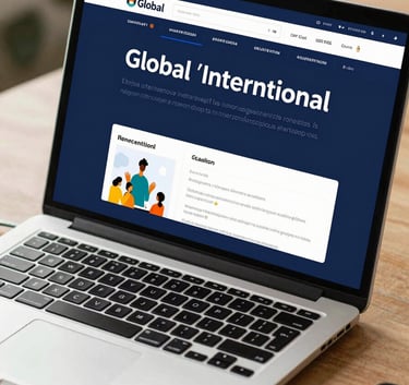 A close-up of a modern laptop on a clean desk showing a vibrant, professional learning dashboard, warm natural lighting, deep blue color palette, Global / International.