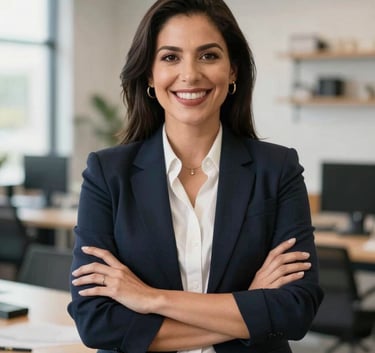 A confident Mexican entrepreneur, Latin American, standing in her brightly lit modern workshop, smiling warmly, human and corporate style photography.