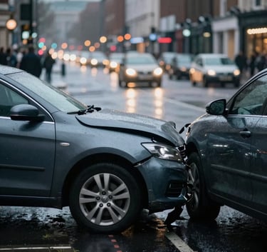 A professional photo of a car accident scene on a rainy London road at dusk. The focus is on the vehicle damage, with city lights blurred in the background. The atmosphere is serious but calm, using a palette of #0A1F1C and #698B7F.