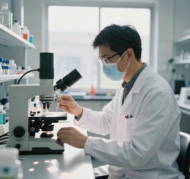 A North American scientist in a white lab coat working with advanced biotechnology tools in a bright, modern laboratory with natural sunlight.