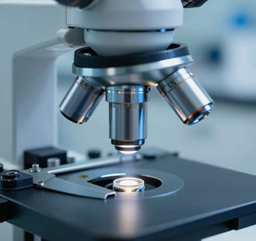 A macro photograph of a laboratory microscope lens focusing on a specimen, reflecting off-white and medium blue lighting in a professional North American research setting.