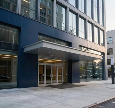 Professional high-angle shot of a minimalist modern corporate building entrance in a North American city, soft morning light, clean lines, steel and glass architecture, navy blue and light gray colors.