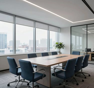 A bright, modern meeting room in a US office with large windows, minimalist furniture, and a clean professional atmosphere, light gray and blue accents.