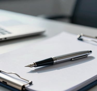 A high-end executive desk with a silver fountain pen resting on a professional folder, soft morning light, incorporating #AAB7B8 and #ECF0F1 colors.