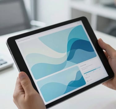 A close-up of a modern tablet showing vibrant, abstract data visualizations in sky blue and pale mist tones. Held by a professional in a bright, modern International / Global office. Natural lighting, clean and professional design.