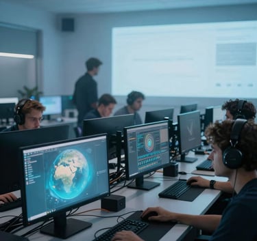 A wide shot of a high-tech, modern International / Global game development studio. Soft sky blue ambient lighting reflects off sleek monitors. Professionals are collaborating in the background. Cinematic composition with a dark slate blue and pale mist palette.