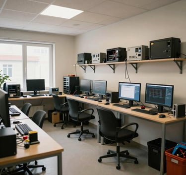 A wide-angle shot of a clean, organized computer repair shop with various technical tools and screens, soft natural lighting, European / Portuguese interior design.