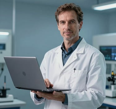 A professional portrait of a technical expert in a modern workshop, holding a high-end laptop, clean background with slate blue tones, European / Portuguese setting.