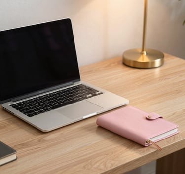 A clean, modern North American executive desk setup with a high-end laptop and a slate blue leather notebook. The lighting is bright and professional, incorporating warm gold accents in a minimal office setting.