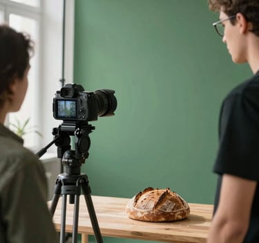 Professional photography of a digital marketing team in a Western European studio setting up a content shoot. A sleek camera on a tripod focuses on a rustic sourdough bread loaf on a Matte Forest Green backdrop. Natural, bright light from a nearby window.