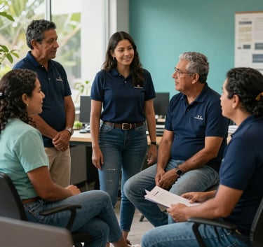 A diverse group of South American / Colombian community members in Barranquilla talking enthusiastically in a modern workspace. Sunlight filters through windows. Palette includes Deep Navy and Muted Teal details.