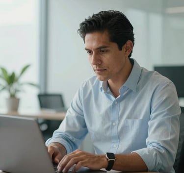 Professional photography of a South American / Colombian entrepreneur in the Atlántico region working on a laptop in a bright office. Soft lighting, Pale Mist and Dusty Blue color palette.