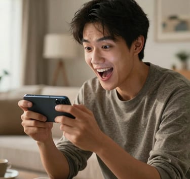 A person in a modern North American living room, holding a mobile device and reacting with excitement to a game. Warm, professional lighting with depth of field focusing on the joy of the user.