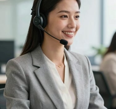 A South American professional woman in elegant business attire, wearing a modern headset, smiling warmly while working in a bright, clean office environment. The style is professional and welcoming.