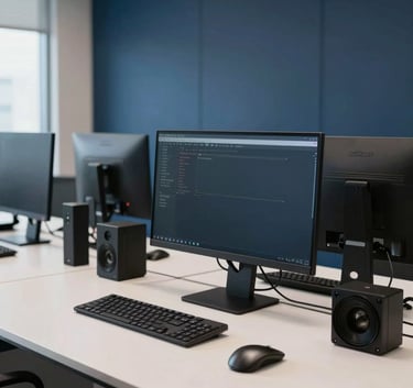 A high-end, modern South American corporate office interior with soft natural light. A professional workspace with clean lines, featuring professional communication equipment on a sleek desk. The mood is sophisticated and reliable, using dark blue and off-white tones.
