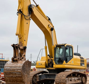 A powerful yellow excavator working on a North American construction site, shot in professional high-contrast photography with a focus on strength and industrial progress.