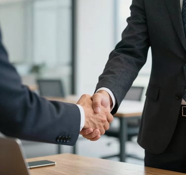 Two business professionals in a bright, modern North American office shaking hands over a clean wooden desk, symbolizing a trusted financial partnership and success.