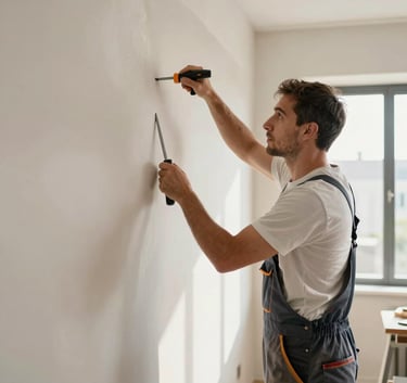 A professional craftsman in clean work attire finishing a drywall wall in a modern sunlit Italian apartment, using professional tools with precision and care.