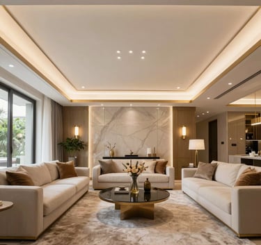 A wide photography shot of a luxury Southern European living room featuring modern drywall ceiling designs with recessed warm LED lighting and elegant gold accents.