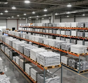 Photography of a large, high-tech fulfillment center in North America with clean lines, professional lighting, and a focused atmosphere of organized efficiency.