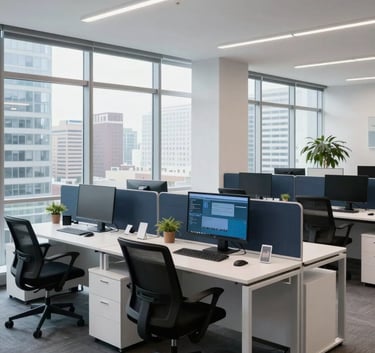 A sophisticated wide-angle photograph of a modern tech office in the United States, featuring large windows and an organized, efficient workstation with dark navy and bright white accents.