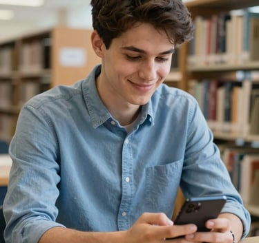 A candid shot of a young adult student in a modern library, focused and smiling while using an Android mobile app for collaborative learning. The lighting is bright and airy, with a sophisticated international vibe. The color palette includes shades of Light Blue and Dark Blue.
