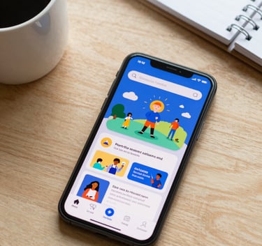 A high-angle lifestyle photograph of a sleek smartphone displaying a colorful educational app on a clean, wooden desk. Next to it is a cup of coffee and a notebook. North American / International setting, professional and clean composition, featuring Deep Blue and Near White accents.