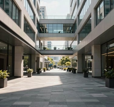 A wide-angle professional photograph of a sunlit corporate plaza in the US, showing clean walkways and modern architectural design with a minimalist aesthetic.