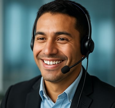 A close-up of a professional customer service agent wearing a modern headset, smiling warmly in a bright South American corporate setting. The background is softly blurred with tones of medium blue.