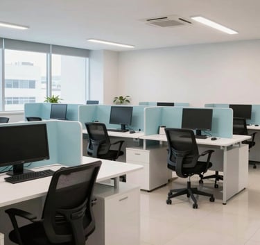A wide shot of a modern, clean South American call center office with ergonomic furniture and light blue accents. The lighting is bright and professional, showing a sophisticated workspace in Brazil.