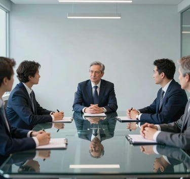 Strategic corporate planning session in a bright, modern Western European boardroom. Professional atmosphere, featuring a clean glass table reflecting the deep blue and light blue-grey tones of the interior design.