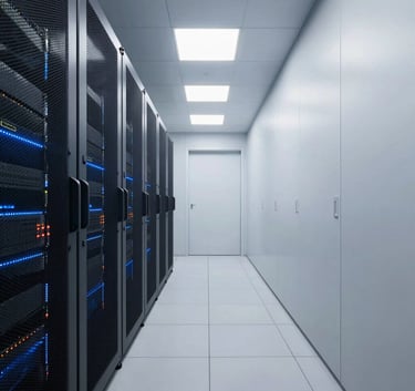 Cinematic shot of a data center corridor with clean, minimalist aesthetics. The scene is lit with cool blue and off-white tones, representing technological innovation and reliable infrastructure.