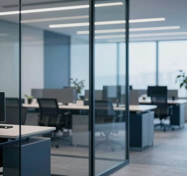 A high-end, professional office environment with glass walls and modern furniture. The lighting is bright and clear, emphasizing efficiency. Colors include deep navy #1A2A3A and muted blue #4D6A7E, creating a sophisticated corporate atmosphere.