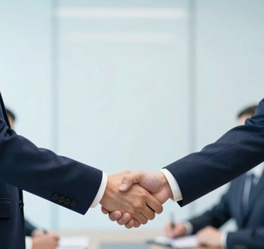 Two business professionals in formal attire shaking hands in a bright, modern meeting room. The composition is clean and centered, using #F5F8FA and #B0C4D4 tones to inspire trust and partnership.