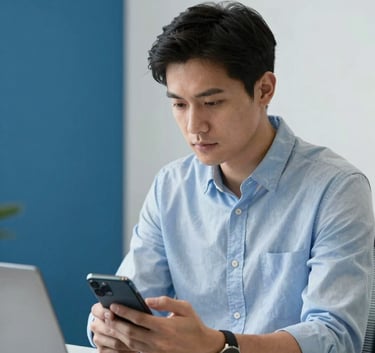 A North American professional in a modern workspace using a smartphone, looking focused and calm, surrounded by a minimalist blue and white setting.