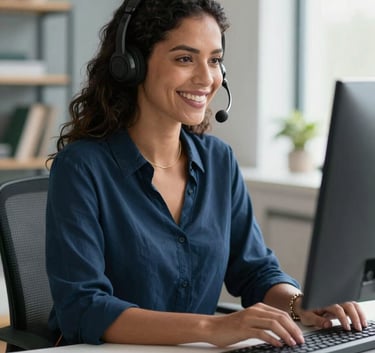 A professional South American Brazilian woman with a headset smiling warmly while working at a modern, clean desk in a brightly lit home office, palette of dark blue and teal accents, soft daylight.