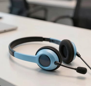 Close up of professional tele-attendance equipment, a sleek modern headset resting on a clean desk in a blurred Brazilian office interior, light blue and off-white tones.