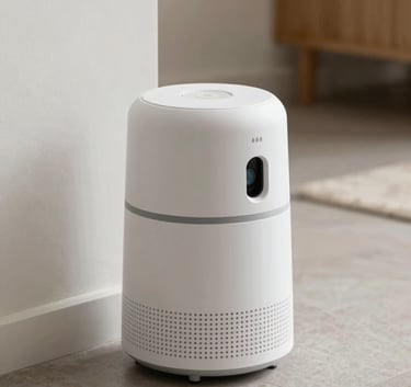 A sleek, frost white pest monitoring device placed on a clean floor near a baseboard in a contemporary North American / US home.