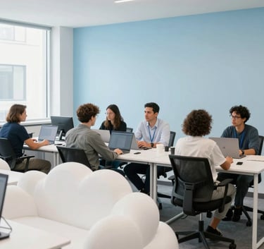A collaborative team of diverse developers in a bright North American / US co-working space, featuring minimalist Cloud White furniture and Pale Sky Blue accents.