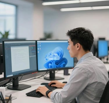A professional software developer in a North American / US high-tech workspace, surrounded by dual monitors and clean architectural lines, Cloud White and Steel Blue color palette.