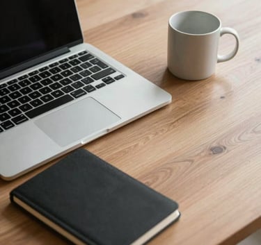 A high-angle shot of a minimalist wooden desk with a silver laptop, a black notebook, and a soft off-white ceramic mug, natural lighting with soft shadows.