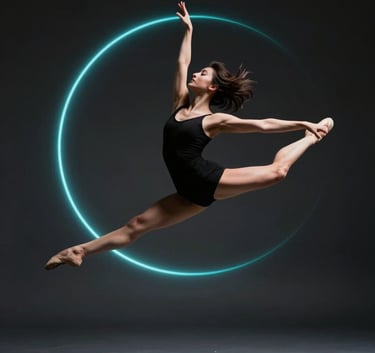 Professional dancer captured in a high-speed leap inside a sleek, minimalist dark studio. Soft electric cyan light trails emphasize the trajectory of movement. North American / International context, high-end performance aesthetic.