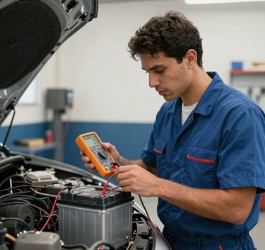 A South American / Brazilian professional mechanic using a digital multimeter to test a car battery in a modern, clean garage. The workshop has off white walls and dark blue details. Professional lighting, crisp focus.