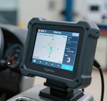 Close-up of a high-tech car dashboard diagnostics tool in a South American / Brazilian service center. Muted blue and white lighting, shallow depth of field on the electronic display.