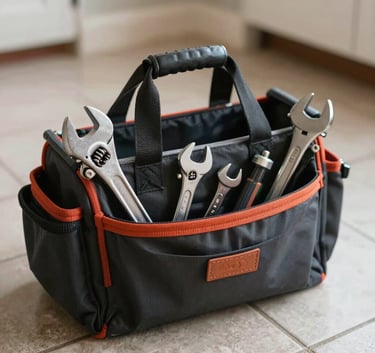 A high-quality close-up photograph of a professional plumber's tool bag with shiny wrenches and tools, resting on a clean tile floor in a North American home, soft natural light.