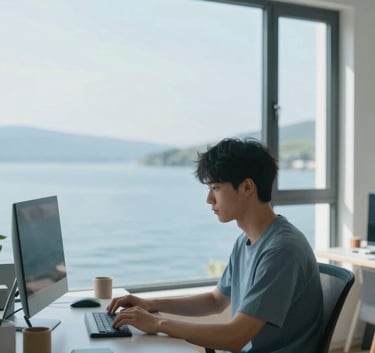 A focused student in a modern home office with a wide window overlooking a calm blue lake, soft natural lighting, peaceful atmosphere, palette of #F4F8F9 and #3A6A7D.
