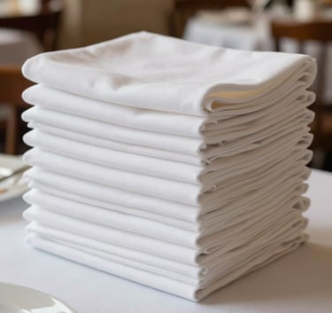A stack of freshly laundered, crisp white napkins and tablecloths inside a bright, elegant Southern European restaurant setting.