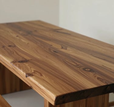 Mesa em madeira maciça mostrando a elegância dos veios naturais e do acabamento acetinado